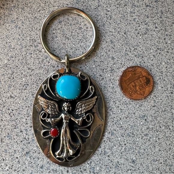 Vintage unsigned 90s silver tone faux turquoise coral angel keychain ring NWOT - Picture 8 of 8